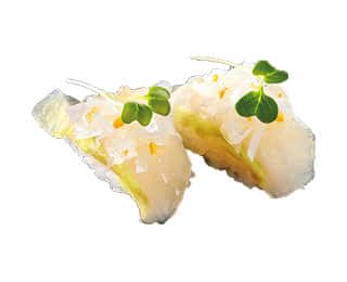 ひらめ昆布〆宇治抹茶仕立て かんきつの画像