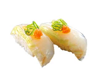 ひらめ昆布〆宇治抹茶仕立て　葱もみじの画像
